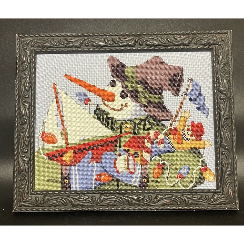 Vintage "Snowman With Toys" Pattern Finished Counted Cross‎ Stitch Framed